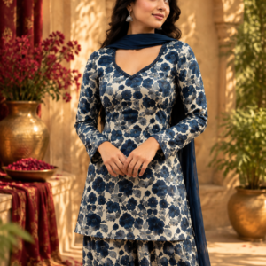 Neel Aangan Blue Floral Kurta Palazzo Set with Dupatta – BADARAA