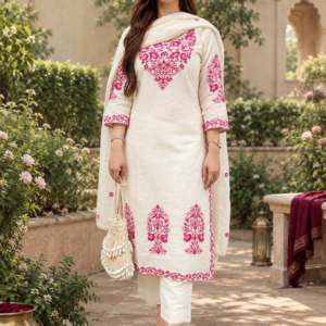 Gulnaar – Ivory Pink Floral Embroidered Kurta Set with Dupatta