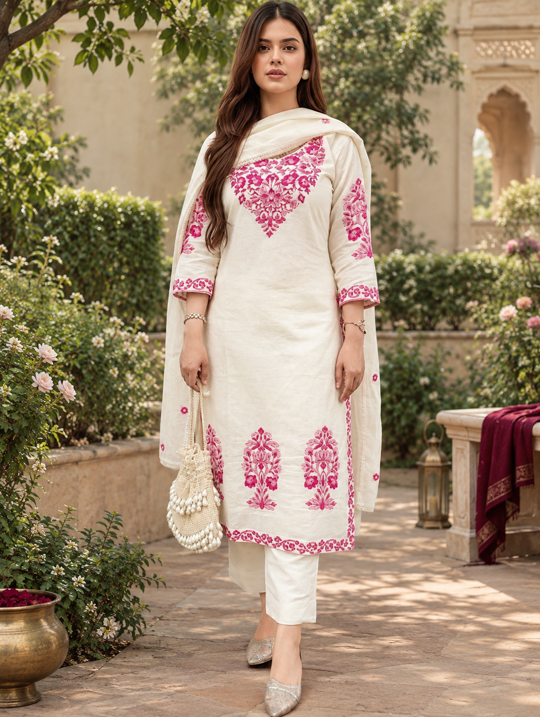 Gulnaar – Ivory Pink Floral Embroidered Kurta Set with Dupatta - BADARAA