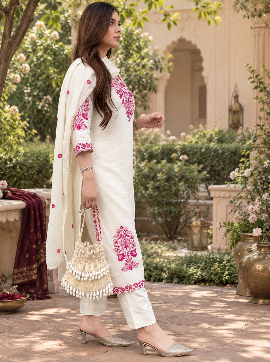 Gulnaar – Ivory Pink Floral Embroidered Kurta Set with Dupatta - BADARAA - Image 3