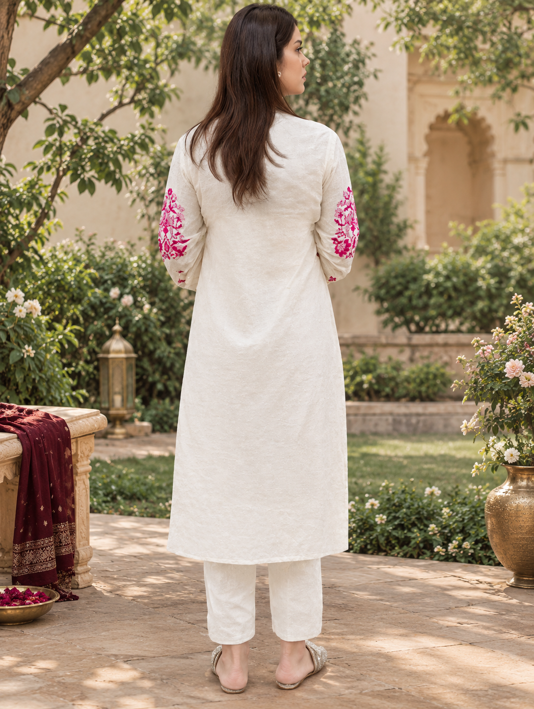 Gulnaar – Ivory Pink Floral Embroidered Kurta Set with Dupatta - BADARAA - Image 2