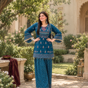 Neelaa – Teal Blue Printed Farsi Suit Set Women's Ethnic Co-ord Set